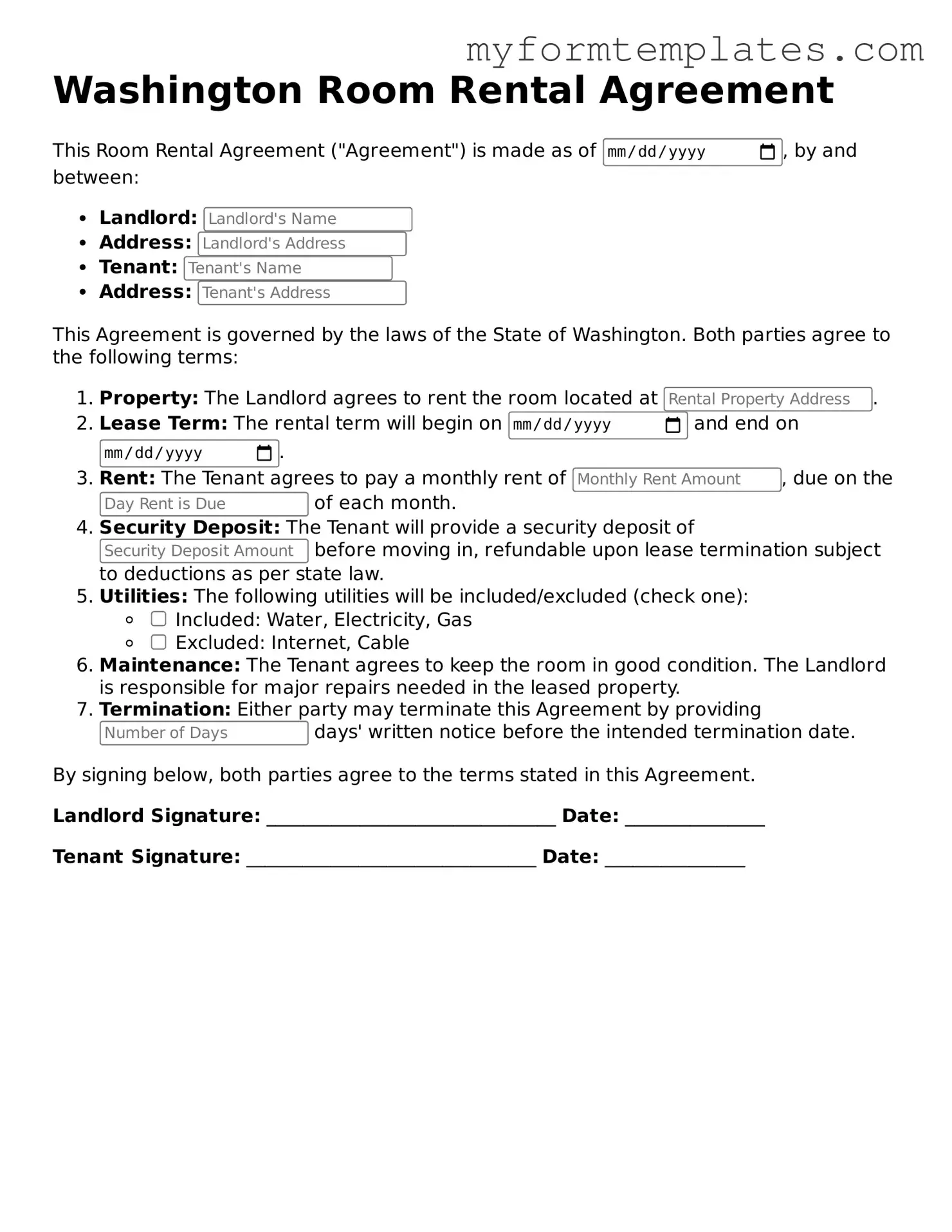 Official Room Rental Agreement Form for the State of Washington