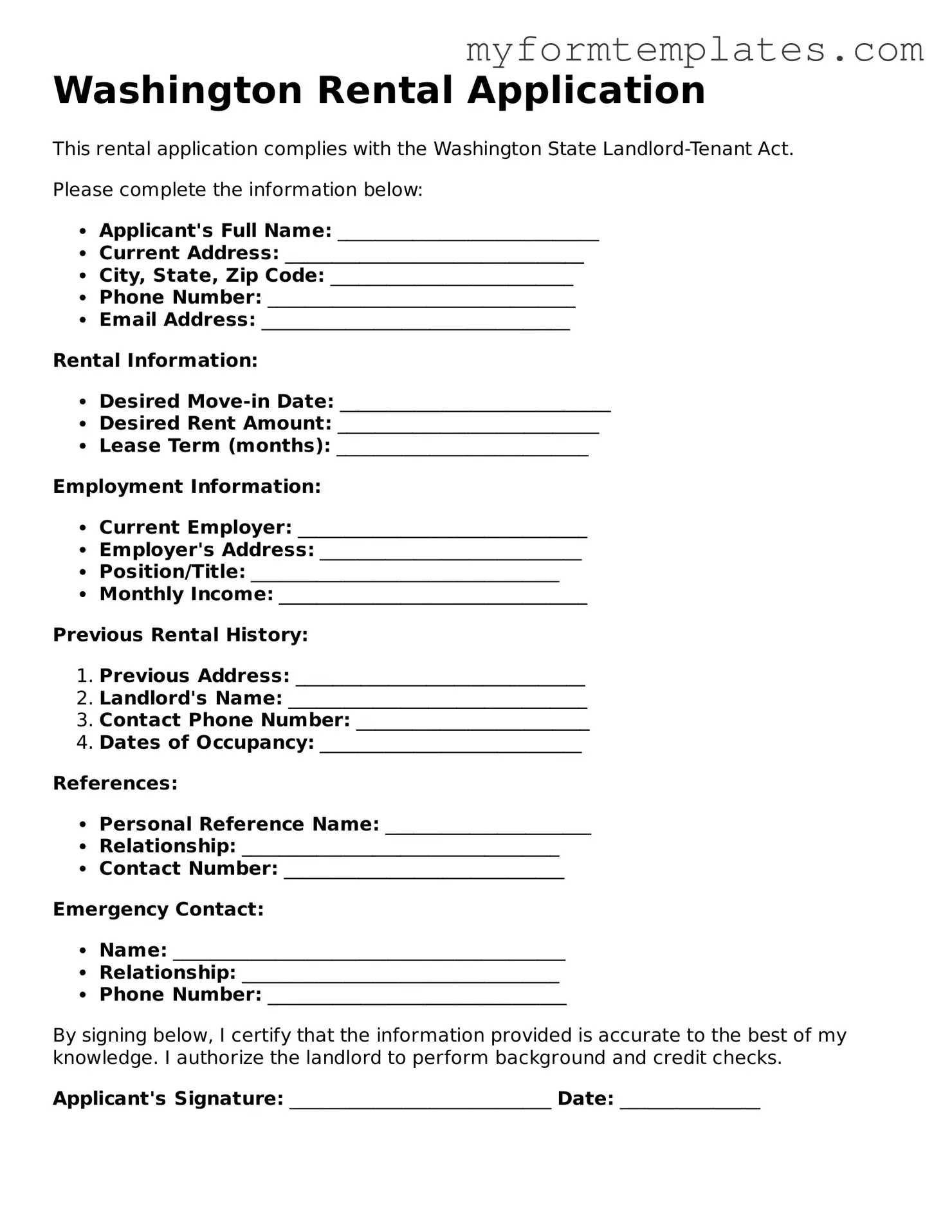 Official Rental Application Form for the State of Washington