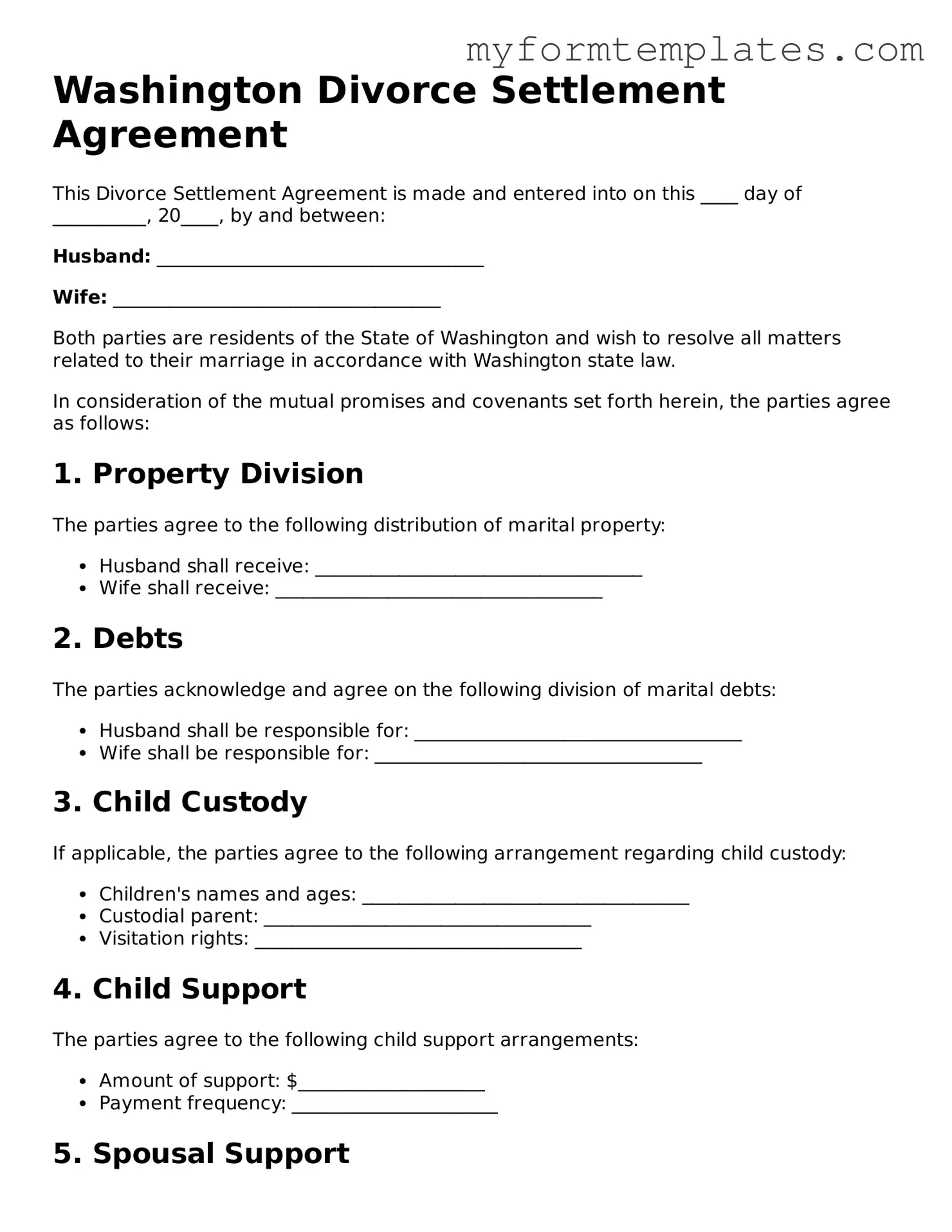 Official Divorce Settlement Agreement Form for the State of Washington