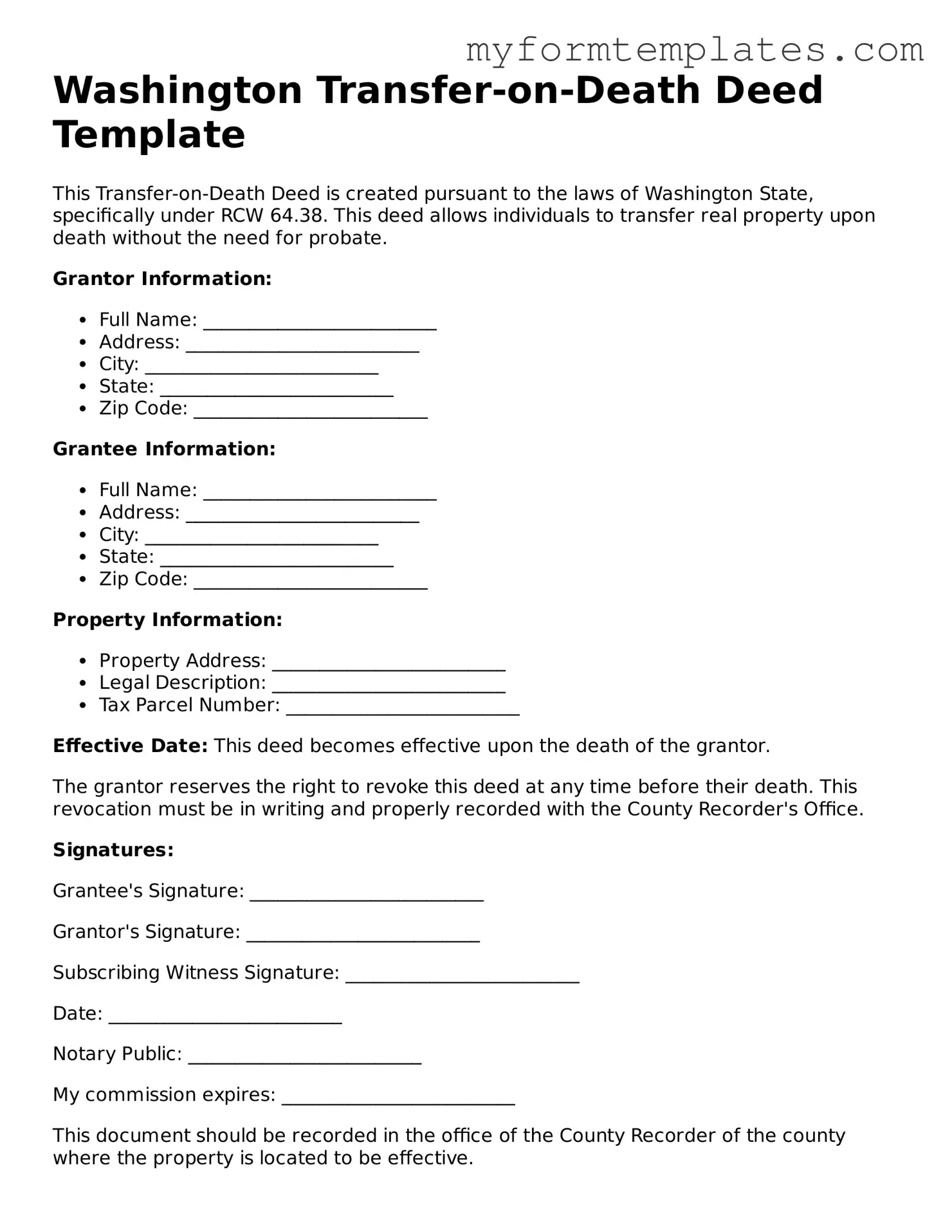 Official Transfer-on-Death Deed Form for the State of Washington