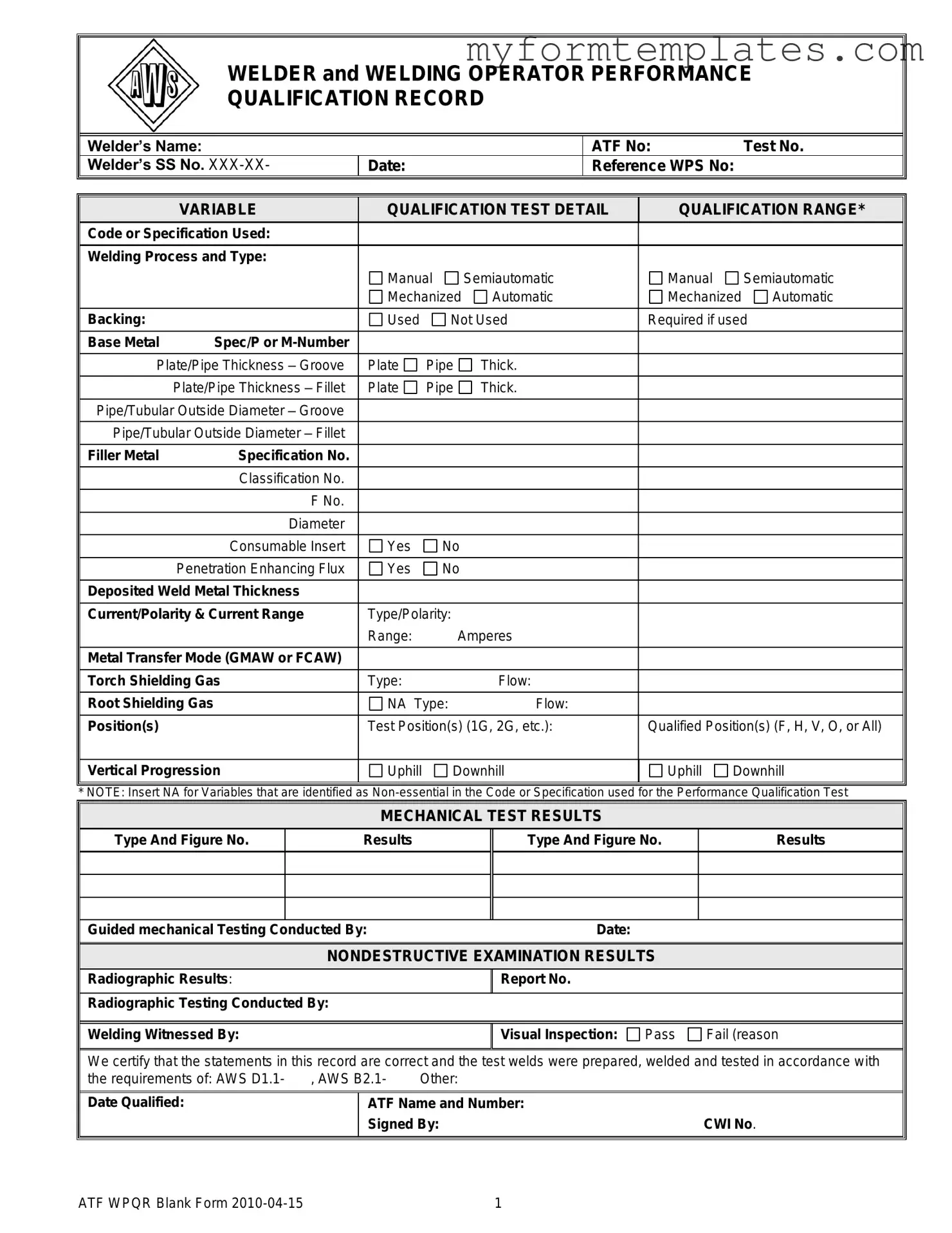 Official Welder Performance Qualification Record Form in PDF